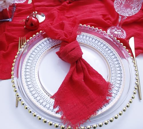 JINVASE Red Cotton Gauze Cloth Napkins with Fringe Set of 12, 16x16 inches