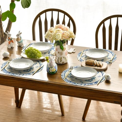 Artoid Mode Blue and White Porcelain Bunny Easter Placemats Set of 4, 14-Inch Round Spring Table Decor
