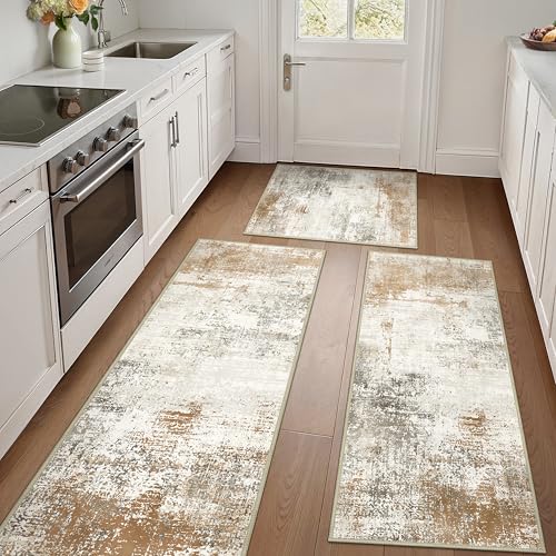 GENIMO Set of 3 Washable Non-Slip Kitchen Rugs Beige Brown 20x32/48/59 in