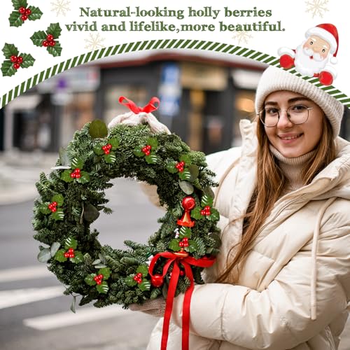 Artificial Christmas Holly Berry Stems with Green Leaves - 100 Pack