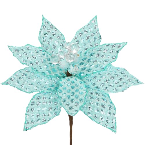 Briful Teal Blue Poinsettias 3-Pack 22.4in Glitter Mesh Artificial Christmas Flowers