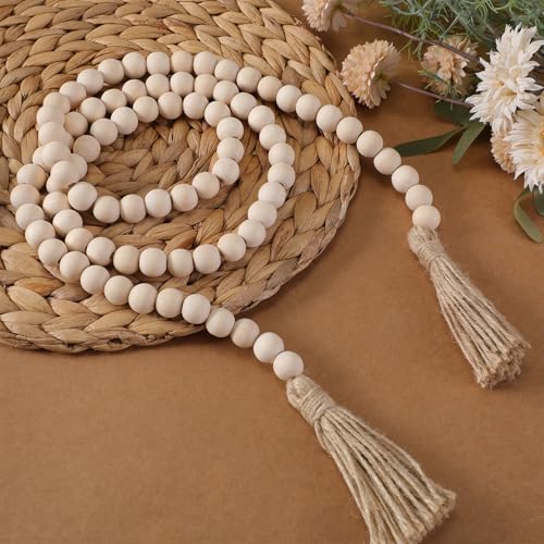 58-Inch Rustic Wood Bead Garland with Tassels, Boho Farmhouse Wall Decor