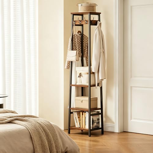 Freestanding Hall Tree with 3 Shelves and 7 Hooks, Industrial Coat Rack