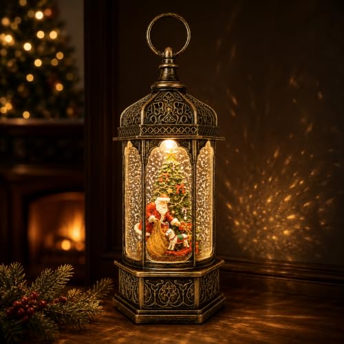 Kukuzon Santa Claus Gifts Lighted Christmas Snow Globe Lantern, Musical Scene, 8 Songs, Swirling Glitter, Indoor Holiday Decor, 9"