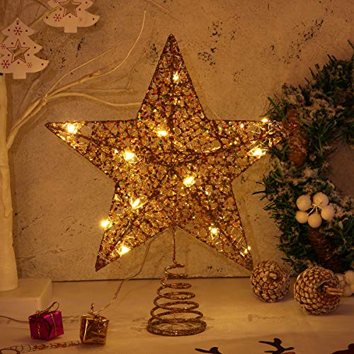 12-Inch Gold Christmas Tree Topper Star with Lights, Elegant Holiday Decor