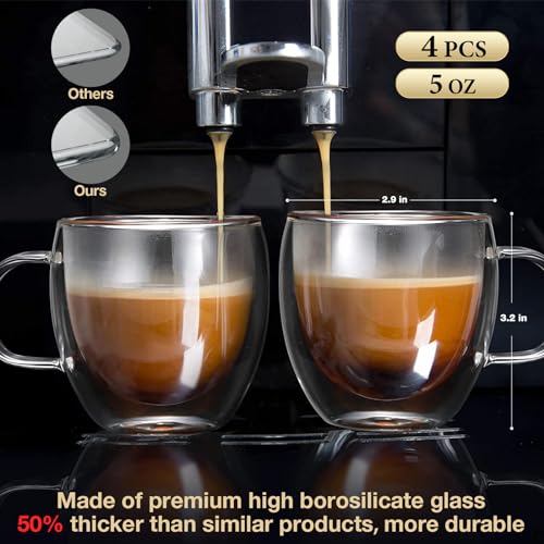 Mfacoy Double Wall Insulated Glasses Set of 4 - 5 oz Clear Coffee Cups with Handle