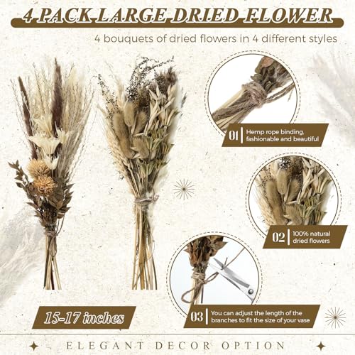 4-Pack Large Boho Dried Flower Bouquets, 15-17 Inch Natural Floral Decor