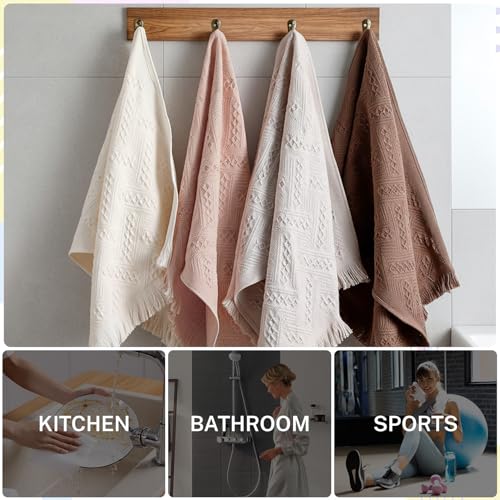 4-Pack Boho Cotton Hand Towels - Decorative Jacquard Fringe Bath Towel Set
