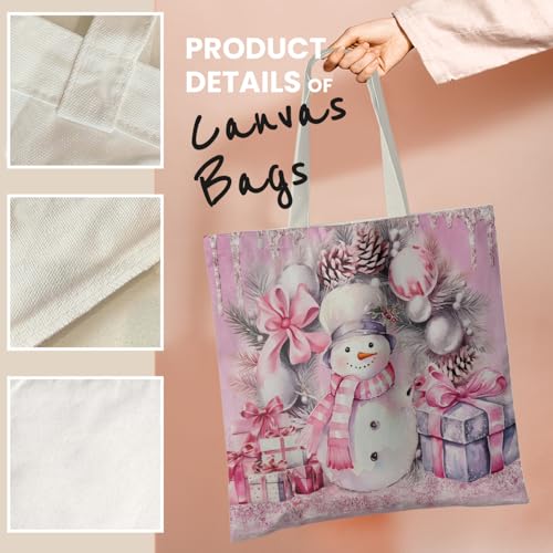 Veqzc Pink Snowman Christmas Canvas Tote Bag for Women