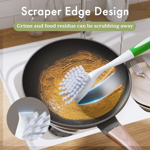 Kitchen Dish Scrub Brush with Handle and Built-in Scraper, 2-Pack