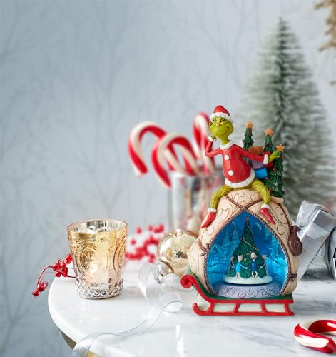 Animated Grinch Figurine with Rotating Scene and LED Lights - 11.5 Inch Collectible Christmas Decor