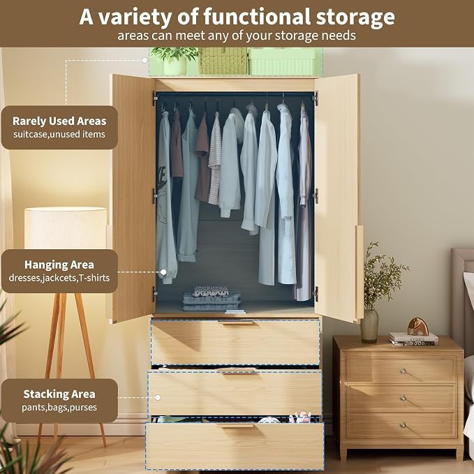 70-Inch Modern Wooden Wardrobe Armoire with 3 Drawers and Hanging Rod