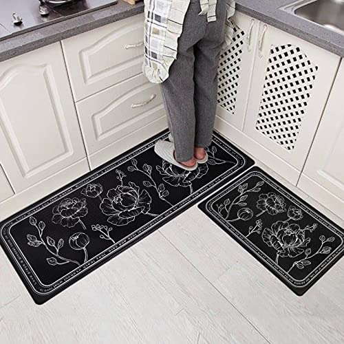 Anti-Fatigue Kitchen Mat Set of 2, Cushioned Non-Slip Waterproof Floor Rugs