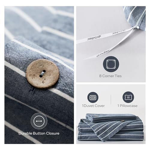 100% Washed Cotton Striped Twin Duvet Cover Set with Coconut Buttons