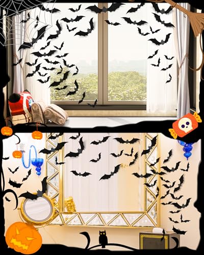 120 Pcs 3D Halloween Bat Wall Decor, Waterproof PVC Scary Bat Stickers