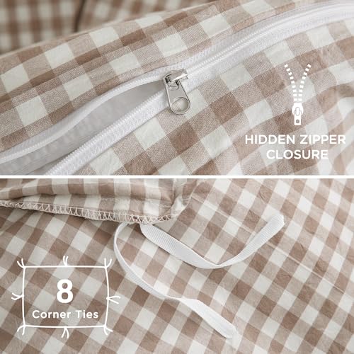 King Tan Gingham Duvet Cover Set - 100% Washed Cotton Linen-Look Bedding