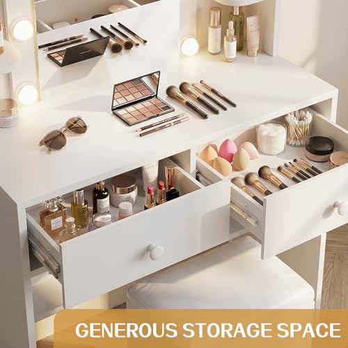 Makeup Vanity Desk Set with LED Mirror, Charging Station and Stool