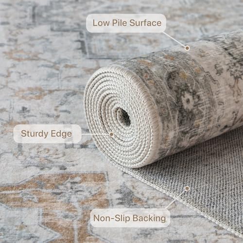 2x5 Vintage Floral Washable Runner Rug - Non-Slip Low-Pile Hallway Mat