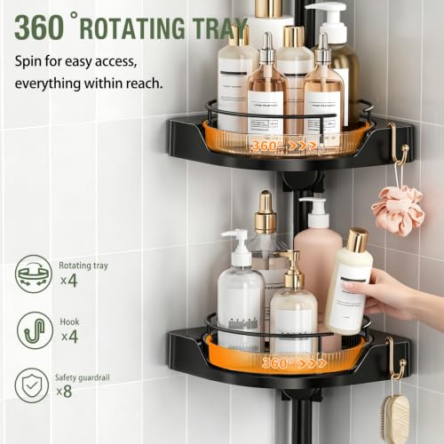 360° Rotating Corner Shower Caddy Tension Pole Organizer Black 4-Tier