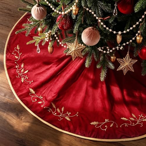 48-Inch Red Velvet Christmas Tree Skirt with Gold Embroidered Holly Leaves