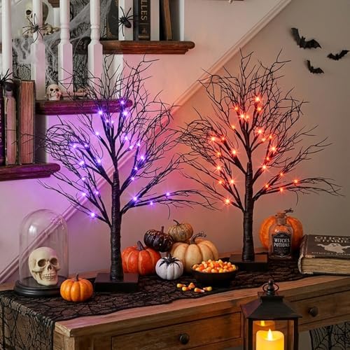 Lighted Halloween Trees 2-Pack, 22" Black Tabletop Decor with Orange & Purple LEDs