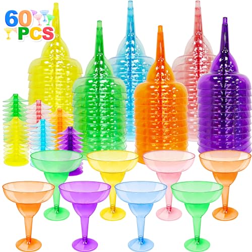TURNMEON 60 Pack Multicolor Plastic Margarita Glasses 12 oz Disposable Cocktail Cups for Parties