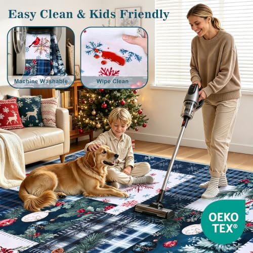 AtawLege Christmas Area Rug 5x7 Blue - Washable Winter Patchwork with Non-Slip Backing