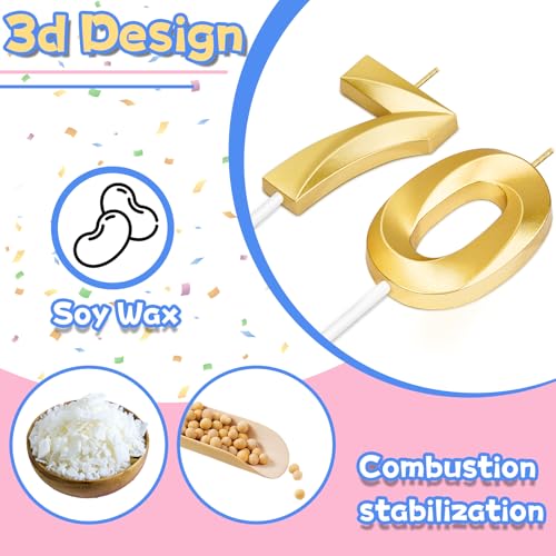 Gold Number 70 Birthday Candles - Cake Topper for 70th Parties