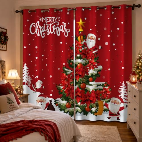 PAOPOED Christmas Room Darkening Curtains Santa Tree 52 x 96 Inches - Pack of 1