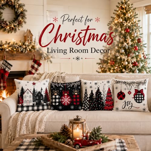 OHOME Christmas Decorations - Set of 4 Double-Sided Print Pillow Covers, Red & Black