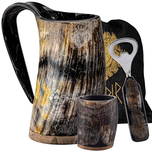 Handmade Viking Drinking Horn Mug Set - 16 oz Ox Horn Cup with Shot Glass