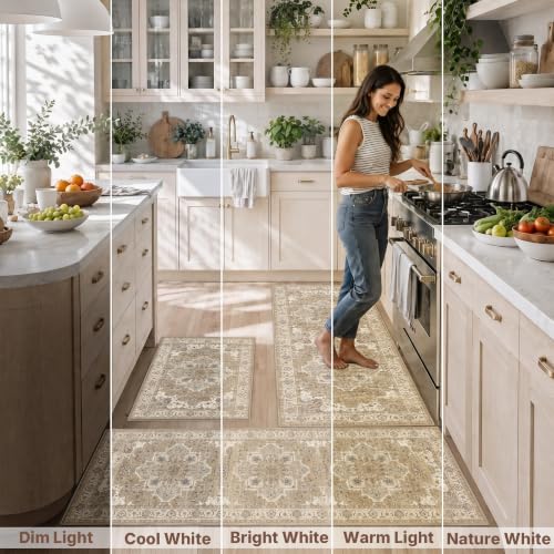 Articosy 3-Piece Boho Kitchen Rug Set with Runner - Washable Non-Slip, Low Pile, Stain Resistant, Beige Cream