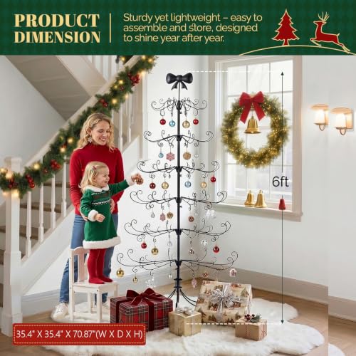 6ft Wrought Iron Christmas Ornament Display Tree Stand with Bow Topper