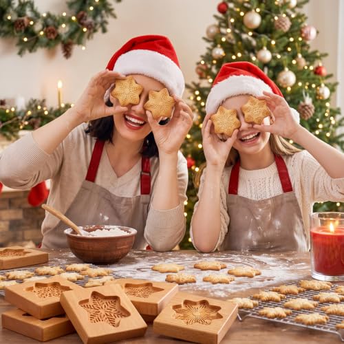 Ferrochef 6 Pack Snowflake Wooden Cookie Molds Christmas Baking Stamps