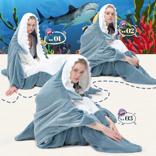 Soft Shark Wearable Blanket Hoodie - Cozy Flannel Shark Sleeping Bag