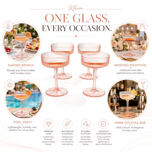 Khen Pink Peach Acrylic Ribbed Coupe Martini Glasses Set of 4, 8 oz Shatterproof European Style Drinkware