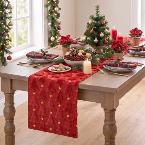 Artoid Mode Christmas Table Runner 13x36 Inch Red Gold Faux Fur Jacquard Holiday Decor