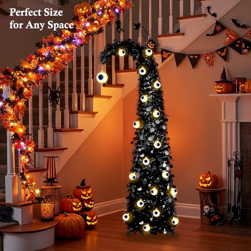 5FT Black Pop-Up Halloween Tree with Eyeball String Lights & Timer