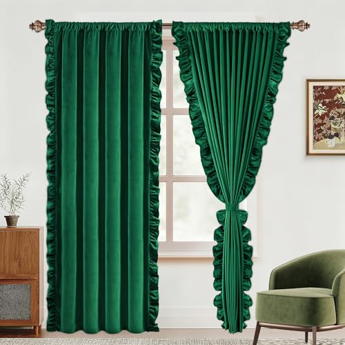 Green Velvet Curtain Set for Living Room & Bedroom - 52W x 84L, 2 Panels, Ruffle Design, Blackout Insulated Tiebacks
