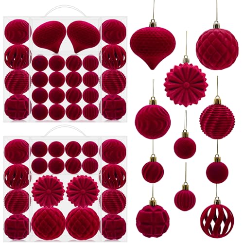 Yumatouch Velvet Burgundy 48Pcs Christmas Ball Ornaments - Flocked, Shatterproof Assorted 1.57/2.36/3.15Inch with Buckle & Rope