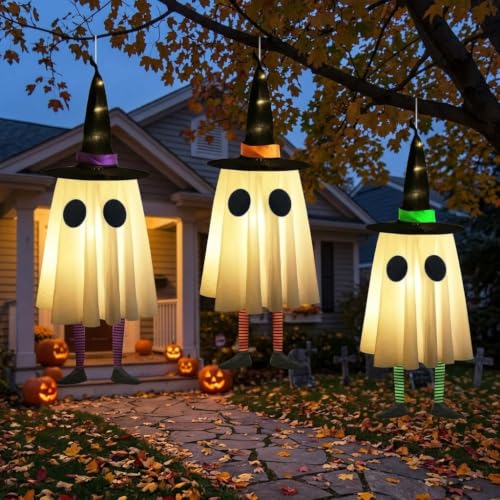 Light-Up Hanging Halloween Ghost Decor with Witch Hats - Set of 3