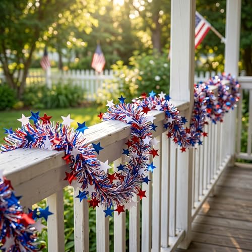 Patriotic Red White Blue Tinsel Garland with Stars - 52.5ft 4th of July Decor