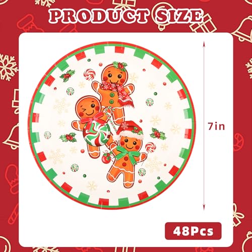 AllReal Christmas Gingerbread Paper Plates 7Inch 48 Pack - Festive Holiday Dessert Plates