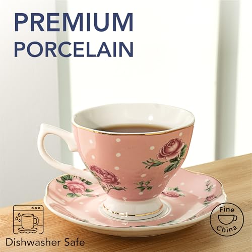 Pink Floral Tea Cup Set of 4 - 8 oz Porcelain Tea Cups with Gold Trim, Dishwasher Safe