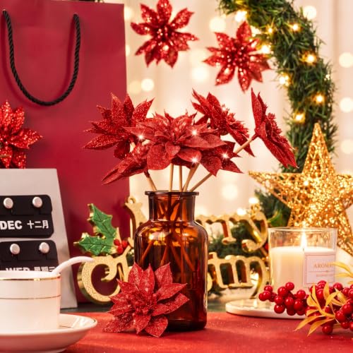 Gejoy 36 Pcs Red Poinsettia Flowers 3.54 In for Christmas Tree Decor, Wreaths