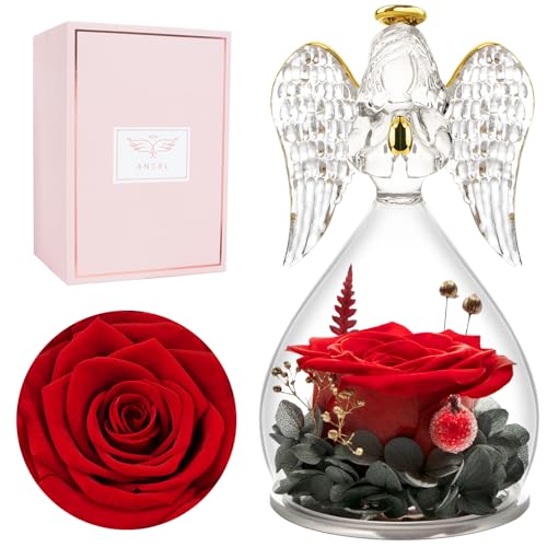Preserved Real Rose in Glass Angel Figurine - Long-Lasting Floral Gift
