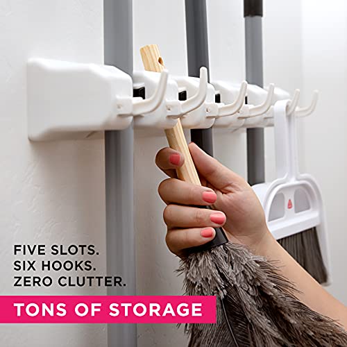 Broom Holder Wall Mount with 5 Slots and 6 Hooks White Mop Organizer