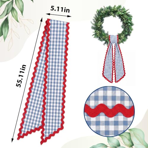 Blue White Buffalo Plaid Wreath Sash Satin Door Garland Ribbon