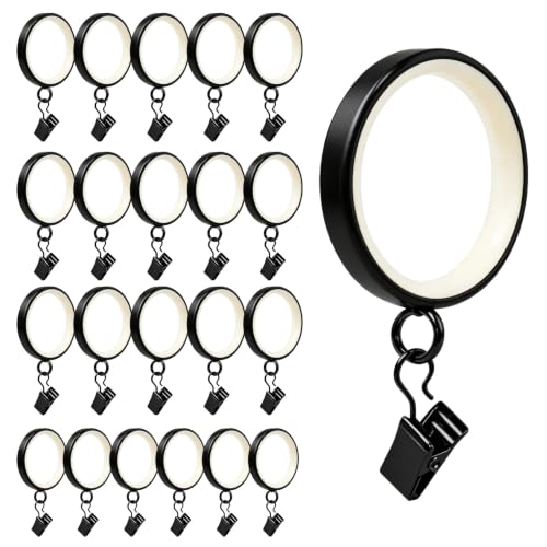22 Pack Metal Curtain Rings with Clips, 1.6-Inch Inner Diameter, Black
