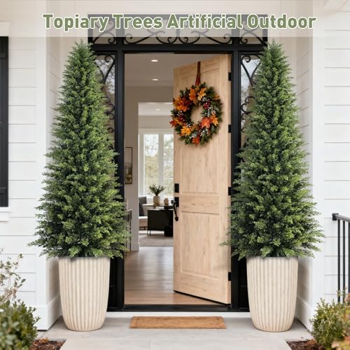 6ft Artificial Cedar Topiary Tree, Realistic Faux Evergreen Outdoor Plant